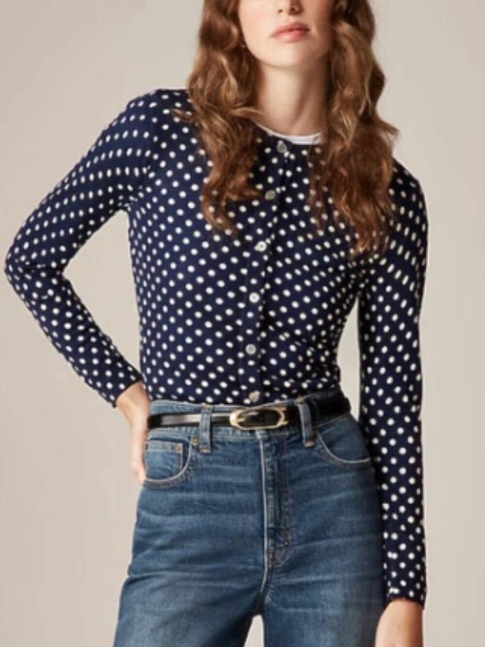 J. Crew Navy and White Polka Dot Carolyn Cardigan Merino Wool Large NWOT!